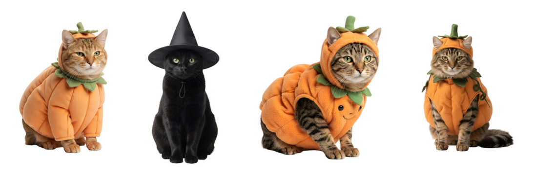 Cute funny cats wearing halloween pumpkin costumes and witch hats sitting together posing happily for festive holiday celebration photography isolated on transparent background