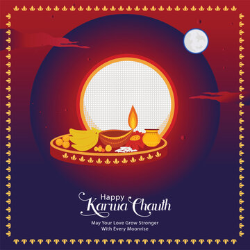 Happy Karwa Chauth Festival Thali with Diya, Moonrise, Sweets, Fruits and Decorative Golden Border
