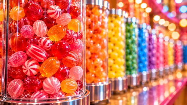 Row of colorful glass jars filled with assorted hard candies and lollipops in a bright store candy
