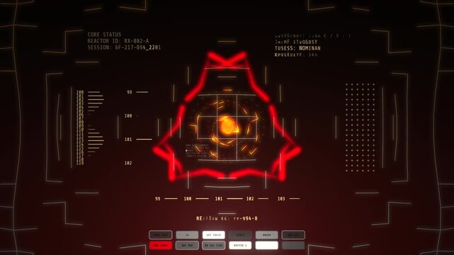 A futuristic red nuclear reactor core status heads-up display overlay displays telemetry data and critical hazard symbols to simulate power plant meltdown monitoring.