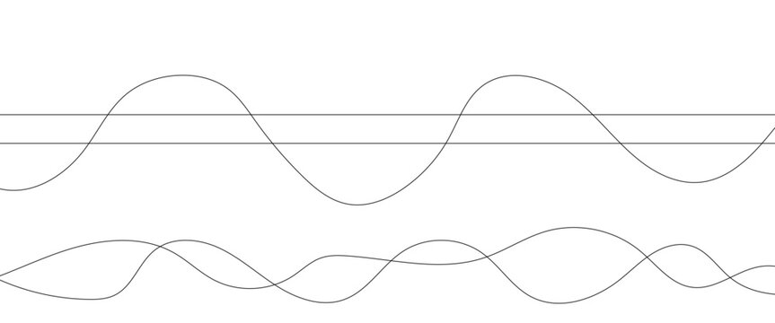 Minimalist wave lines vector graphic, black and white sinusoidal frequency curves, abstract audio sound waves for design