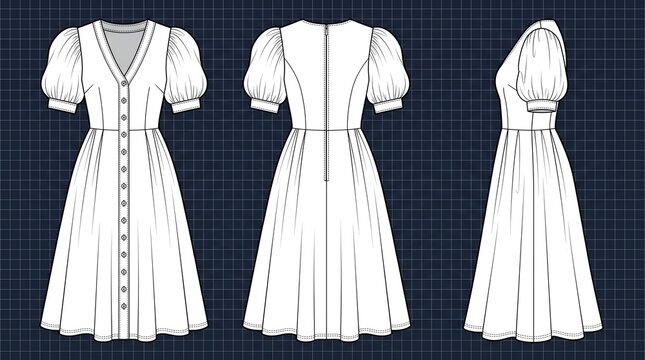 Women's midi dress with puff sleeves, button closure and fitted waist shown in front, back and side technical views