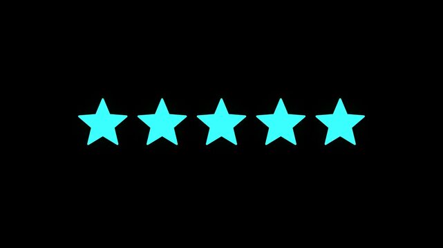 Cyan Neon Rating Stars Popping In and Shimmering on Clean Black Background 4K Minimal Motion Graphic