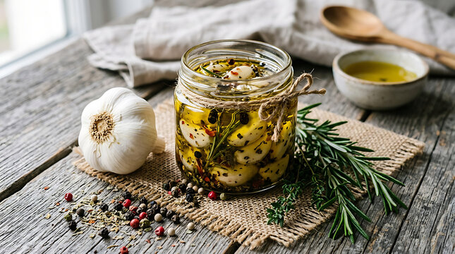 Glass jar of marinated garlic cloves with herbs and spices in olive