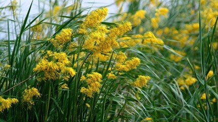 Obraz premium Alang Alang plants with yellow feathery flowers grow in a natural setting near water during daytime