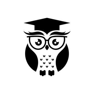 Wise owl wearing graduation hat and glasses logo icon isolated on white background, education concept