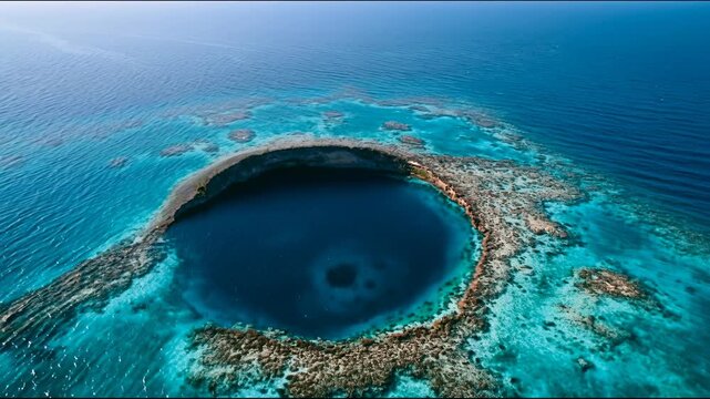 Aerial view of underwater sinkhole in turquoise ocean waters with vibrant coral reefs