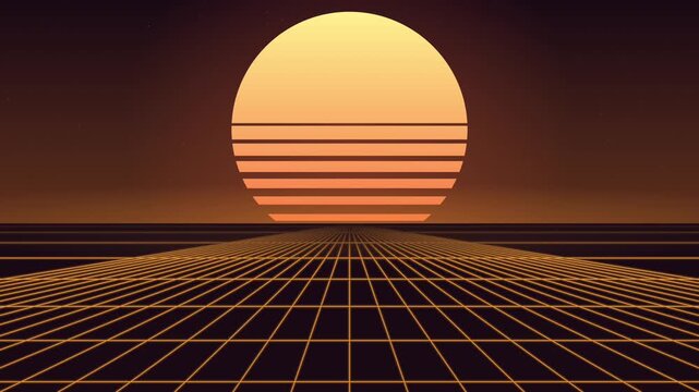 Striped orange sun above a glowing perspective grid with lines flowing forward