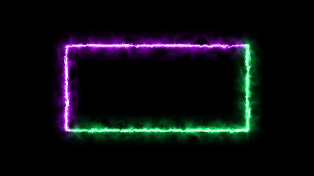 Rectangle neon frame Pink and Blue colors at purple brick wall background. Glowing neon frame in retro 80s - 90s style. Colored neon sign with empty space.