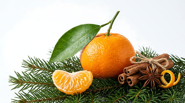 Christmas mandarin orange with cinnamon sticks and pine branches