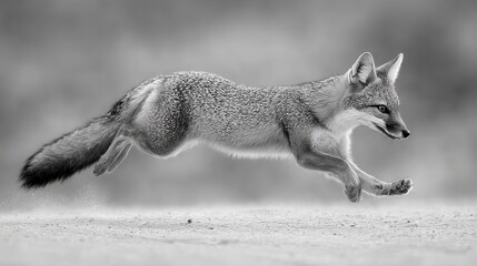 Fototapeta premium Agile gray fox bounding energetically through a monochrome background in a natural habitat during daylight hours