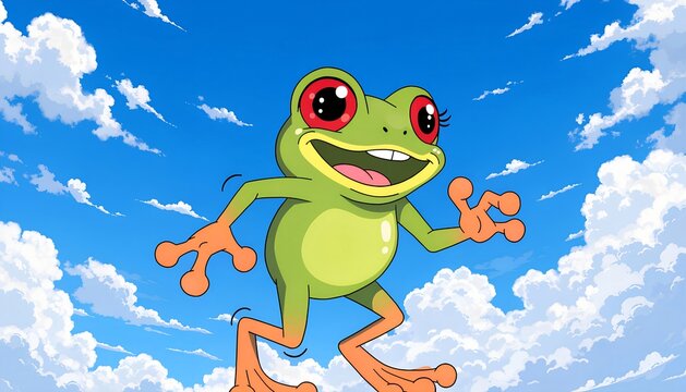 Cartoon green frog with big eyes smiling and walking in blue sky with clouds
