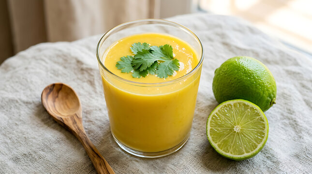 Fresh mango smoothie in a glass with lime garnish and wooden spoon