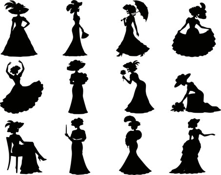 Catrina skeleton ladies silhouettes vector icon set. Featuring elegant Day of the Dead women in Victorian gowns, feathered flower hats, parasol, fan, rose bouquet, candle, dancing and seated poses.