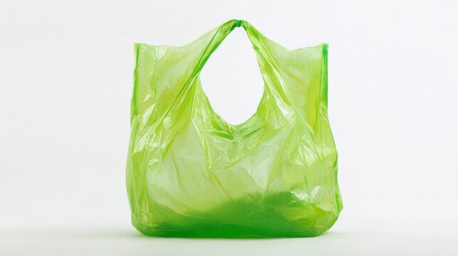 Translucent green plastic bag shown against a white background in a simple setting highlighting everyday items