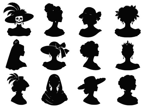 Day of the Dead skeleton silhouettes vector icon set. Featuring Catrina ladies, mariachi musicians, elegant gentlemen, dancing couples and Victorian women portraits. Calavera isolated collection.