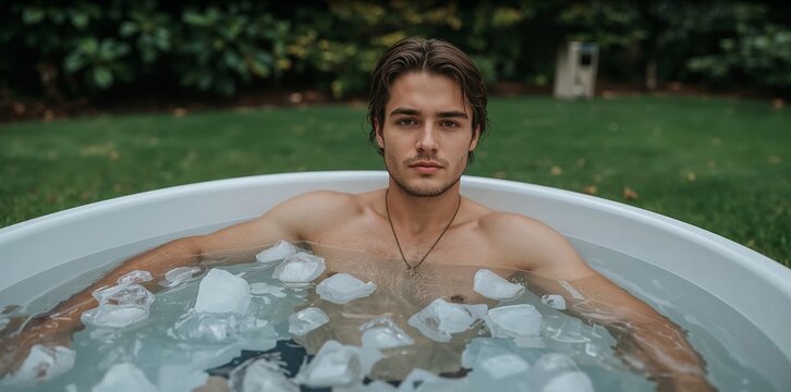 White man sitting in a tub filled with cold water outside, engaging in cold immersion for muscle recovery and overall health benefits