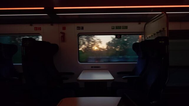Static view of empty high speed train carriage with countryside passing window in soft dawn light, Scandinavia, Denmark