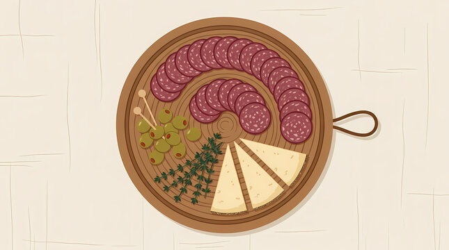 Top view illustration of a wooden charcuterie board with salami slices cheese wedges olives and fresh herbs.