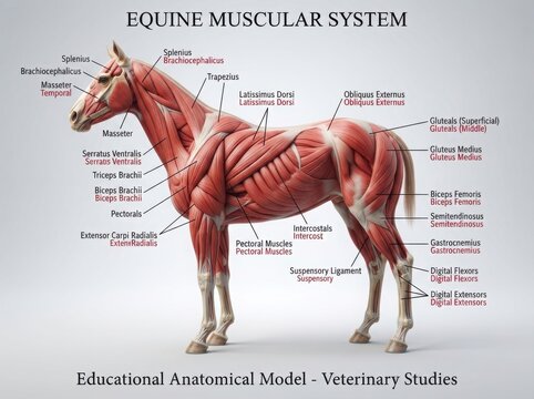 Educational chart of the horse muscular system anatomy illustration