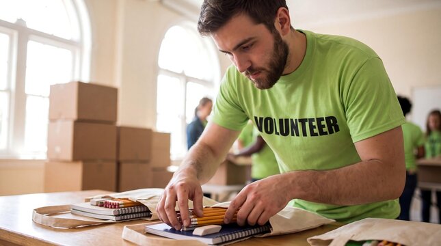 A focused young man volunteer meticulously packing supplies into a canvas tote bag at a community event.