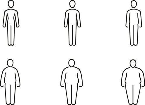 Male Body Shapes and Weight Scale Line Icon Set Featuring Six Progressive Male Silhouette Figures Ranging From Ectomorph Slim to Obese Overweight