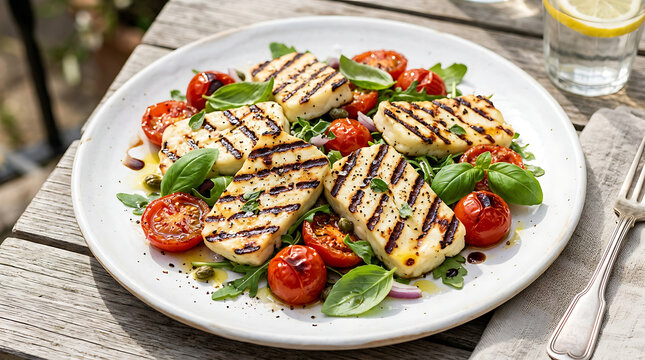 Grilled halloumi salad with cherry tomatoes and fresh basil on a