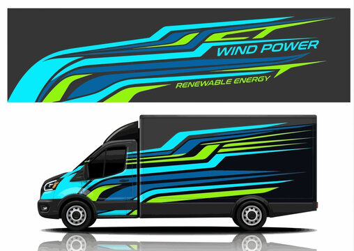 Modern van side wrap decal design with dynamic blue and green racing stripes