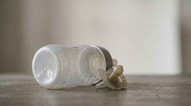 Used Baby Bottle and Pacifier on Floor, Infant Feeding and Everyday Childcare Essentials with Copy Space