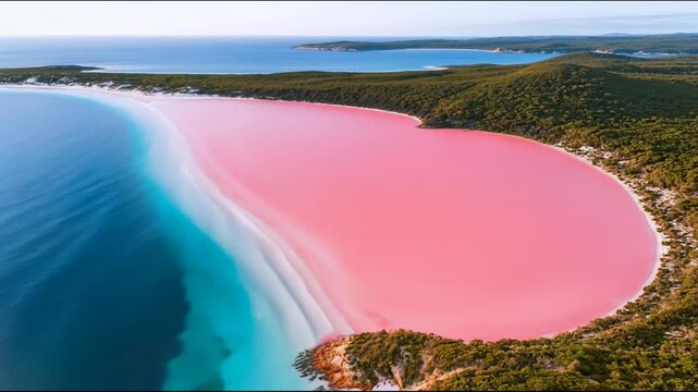Pink lake landscape aerial footage showcasing vibrant natural colors in coastal environment