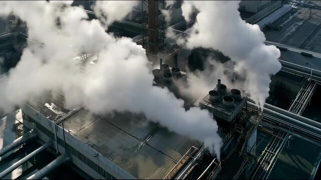 Industrial facility emitting steam in large-scale manufacturing plant with dynamic aerial footage
