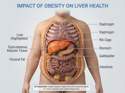 Anatomy diagram showing the impact of obesity on liver health illustration