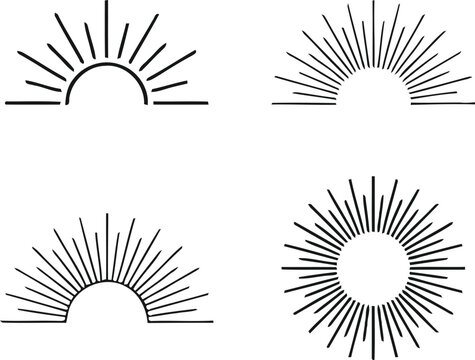 Four linear sunburst designs with radiating lines on a white background minimalist geometric shapes