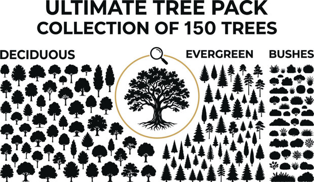 Collection of one hundred and fifty black silhouette trees including deciduous evergreen and bushes on a white background