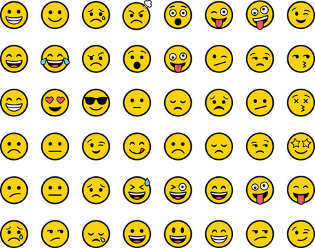 Collection of diverse yellow emoticons and smiley faces expressing various emotions on a white background
