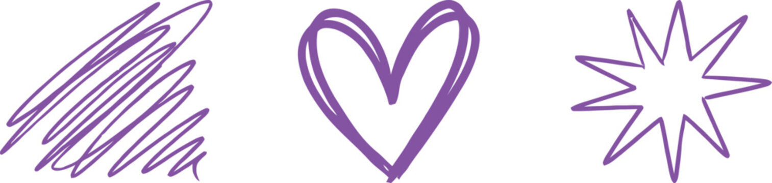 Three purple hand drawn doodle shapes including scribble heart and starburst on a white background