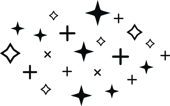 Black sparkle shapes and plus signs on a white background for festive designs and magical illustrations