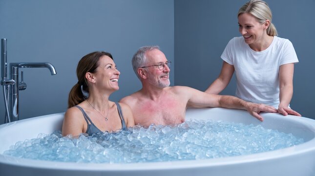 A happy couple sits together in an ice bath tub while enjoying a cold water immersion therapy session at a wellness spa.