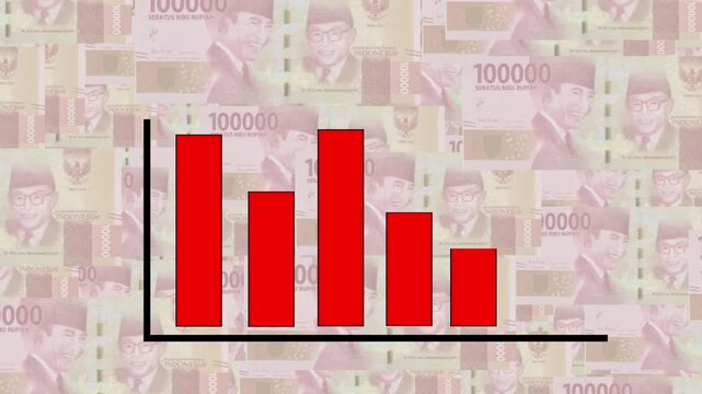 ​Red bar chart graph animated over a background pattern of 100,000 Indonesian rupiah banknotes.