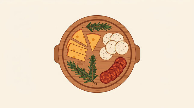 Top view illustration of a wooden board with cheese slices, salami, and rosemary sprigs.