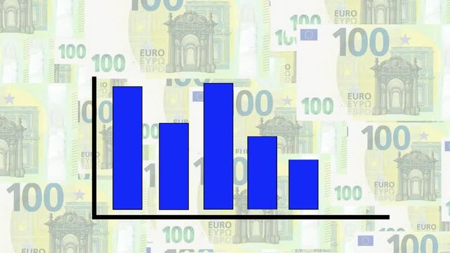 Blue bar chart graph animated over a background pattern of 100 euro banknotes
