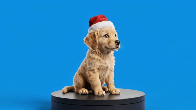 Golden retriever puppy wearing red Santa hat sitting on round pedestal rotating against blue screen
