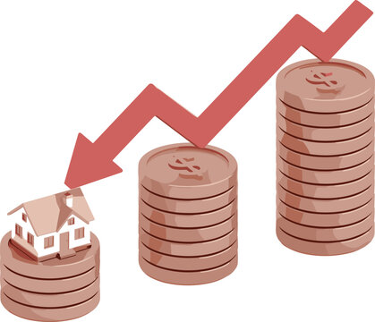 Real estate value decline illustration with house on stacked coins and red downward arrow showing falling property investment