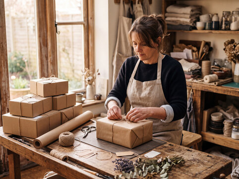 Small business owner wrapping a parcel with kraft paper and twine at a rustic workbench