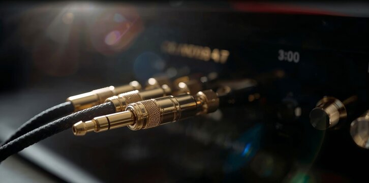 Gold plated audio jacks connecting premium braided cables to a high fidelity sound system, emphasizing quality and connectivity