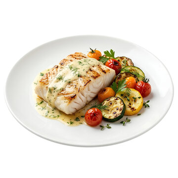 Grilled seafood fillet with roasted vegetables on white plate, serving healthy cooked fish dish with herbs, gourmet plating presentation food photography
