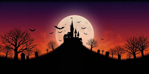 Fototapeta premium Haunted castle standing on a cemetery hill, bare trees and gravestones silhouetted against a vibrant full moon and sunset sky
