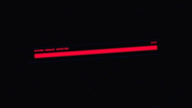 Cyber Security Breach Animation Featuring a Hacking Sequence Progress Bar Penetrating Firewall and Ending with a Red System Breach Detected Warning Message on a Glitchy Dark Background