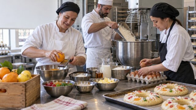 Bakers preparing traditional Spanish Three Kings Cake in a bakery