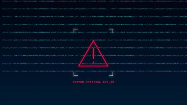 Abstract digital motion graphic featuring a system critical breach warning icon on a dark blue background with rows of glitchy blue computer code and cyber security alert symbols.